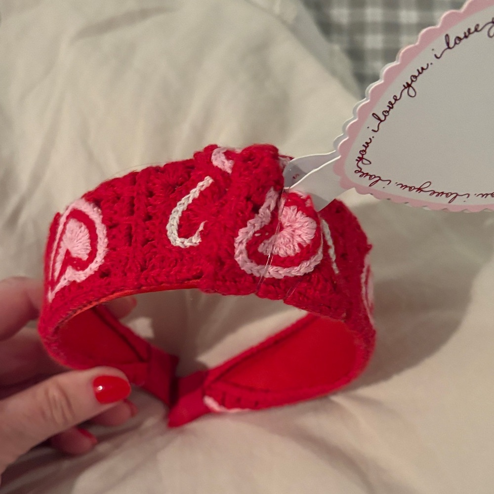 Red Crochet Headband with Heart Design